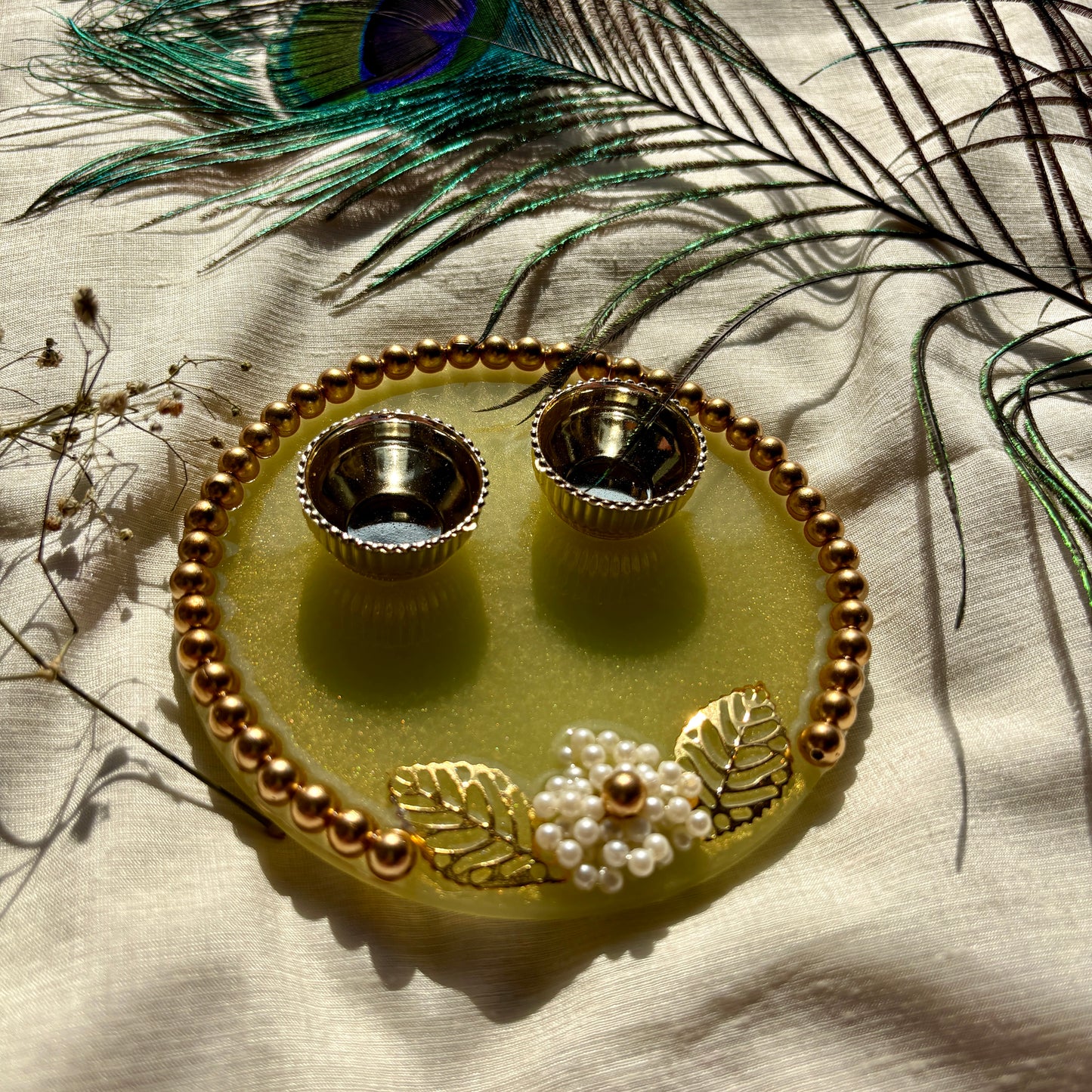 Golden Pearl Blossom Resin Tilak Plate