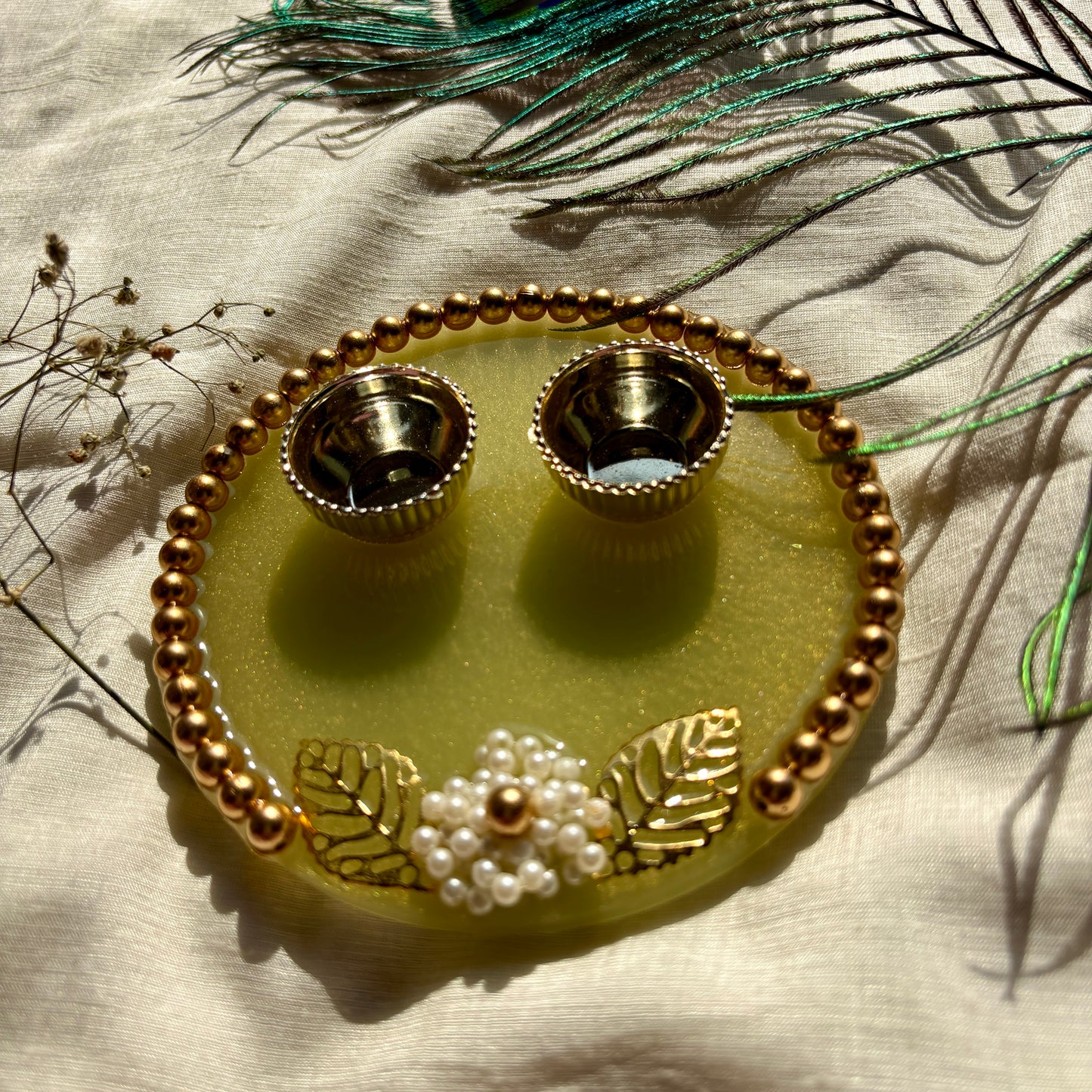 Golden Pearl Blossom Resin Tilak Plate