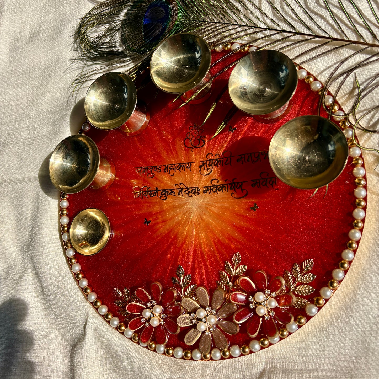 Crimson Bloom Resin Pooja Thali
