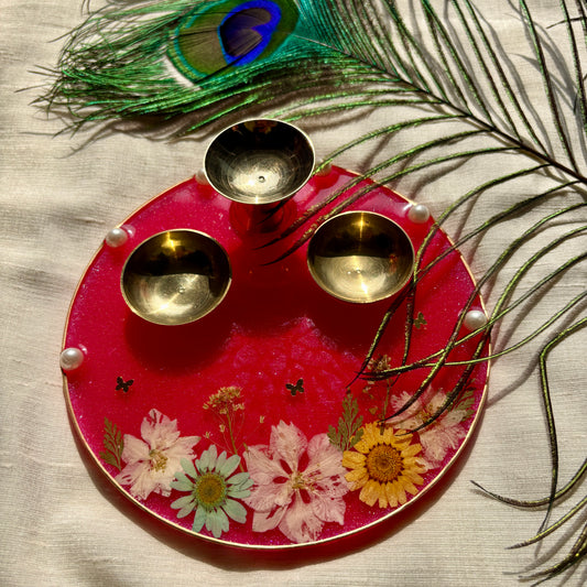 Real Flower Pink Resin Tilak Plate
